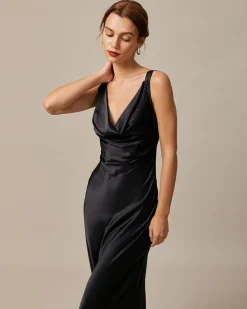 The Black Cowl Neck Sheath Satin Maxi Dress