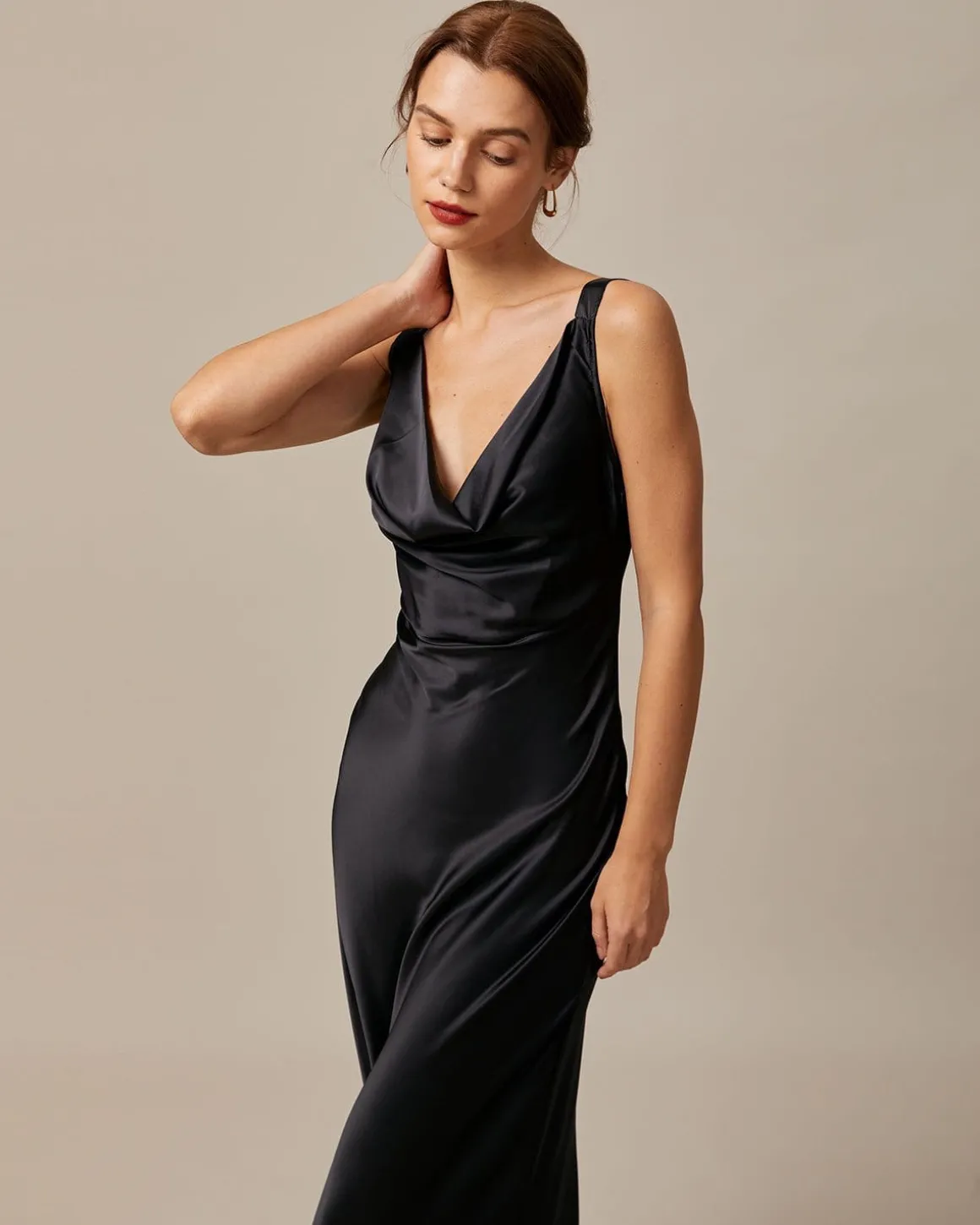 The Black Cowl Neck Sheath Satin Maxi Dress