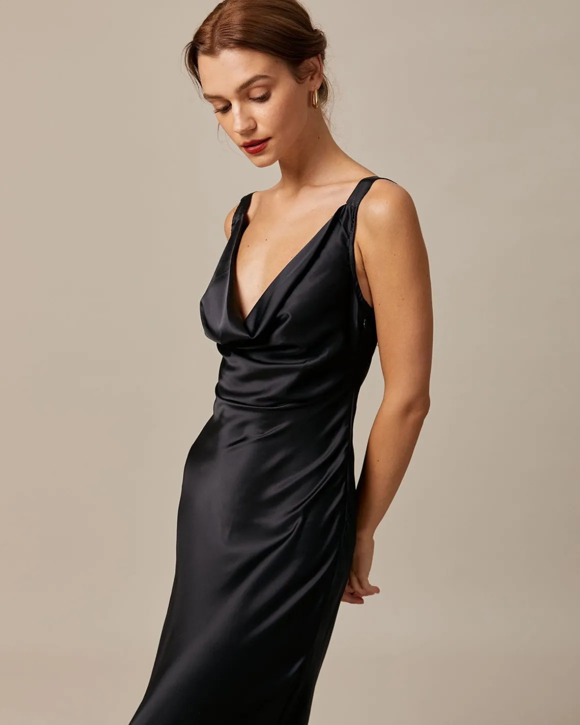 The Black Cowl Neck Sheath Satin Maxi Dress