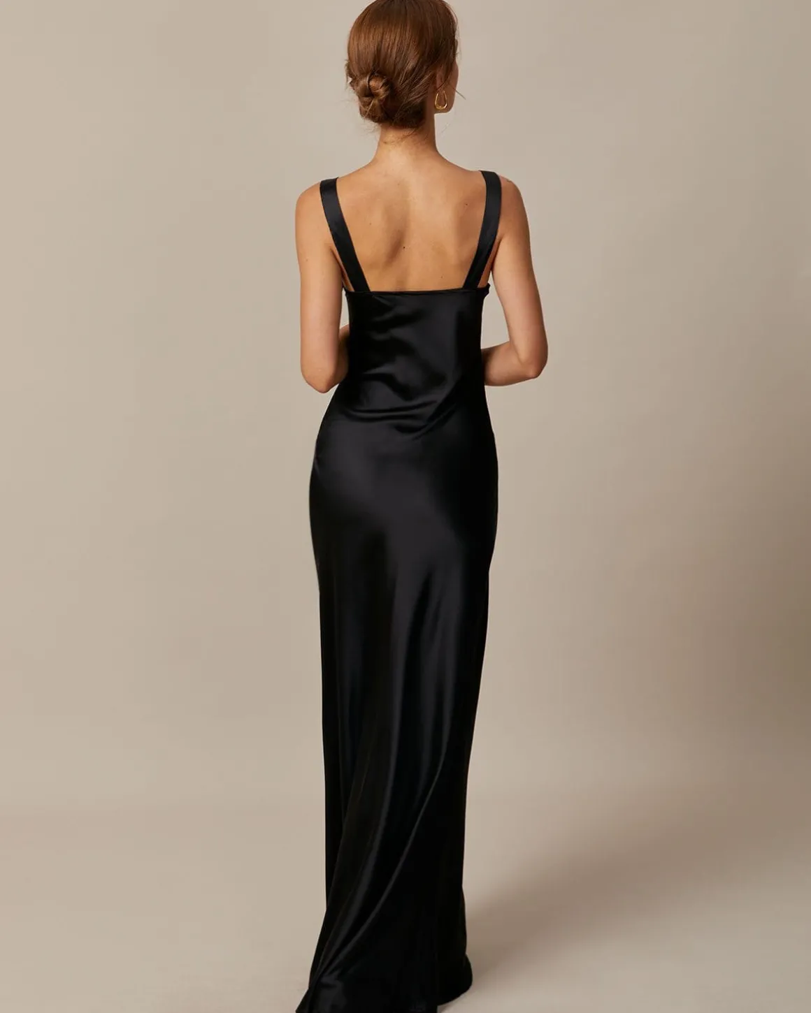 The Black Cowl Neck Sheath Satin Maxi Dress