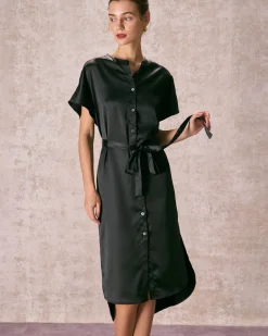 The Black Crew Neck Belted Satin Midi Dress