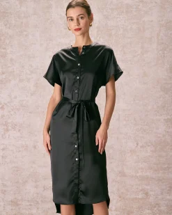 The Black Crew Neck Belted Satin Midi Dress