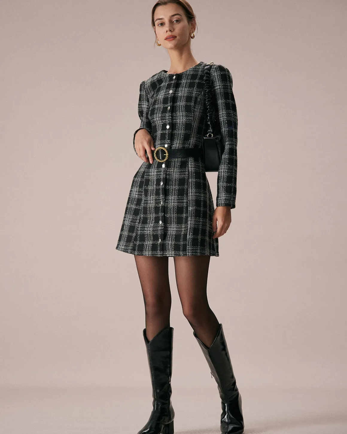 The Black Crew Neck Plaid A-Line Mini Dress