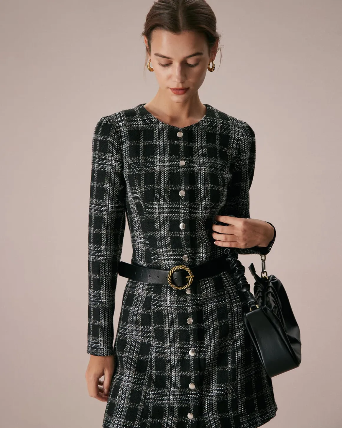 The Black Crew Neck Plaid A-Line Mini Dress