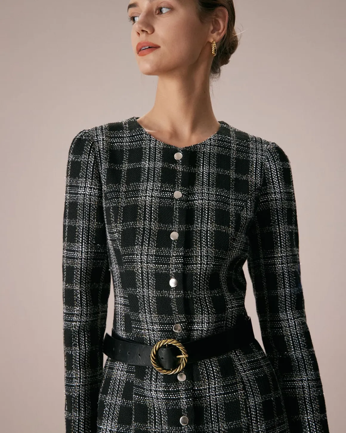 The Black Crew Neck Plaid A-Line Mini Dress