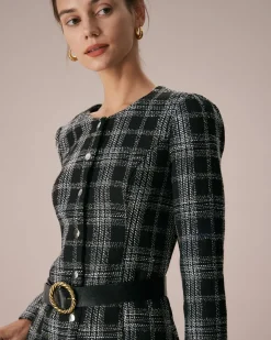The Black Crew Neck Plaid A-Line Mini Dress