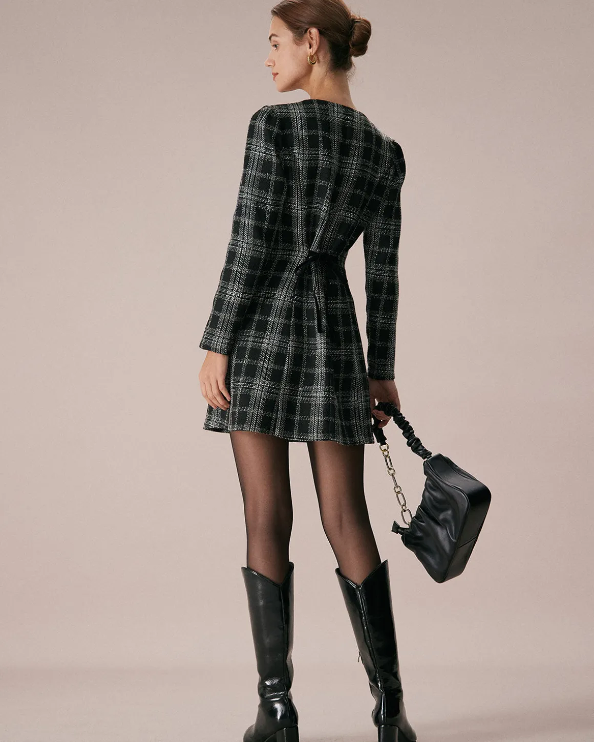 The Black Crew Neck Plaid A-Line Mini Dress