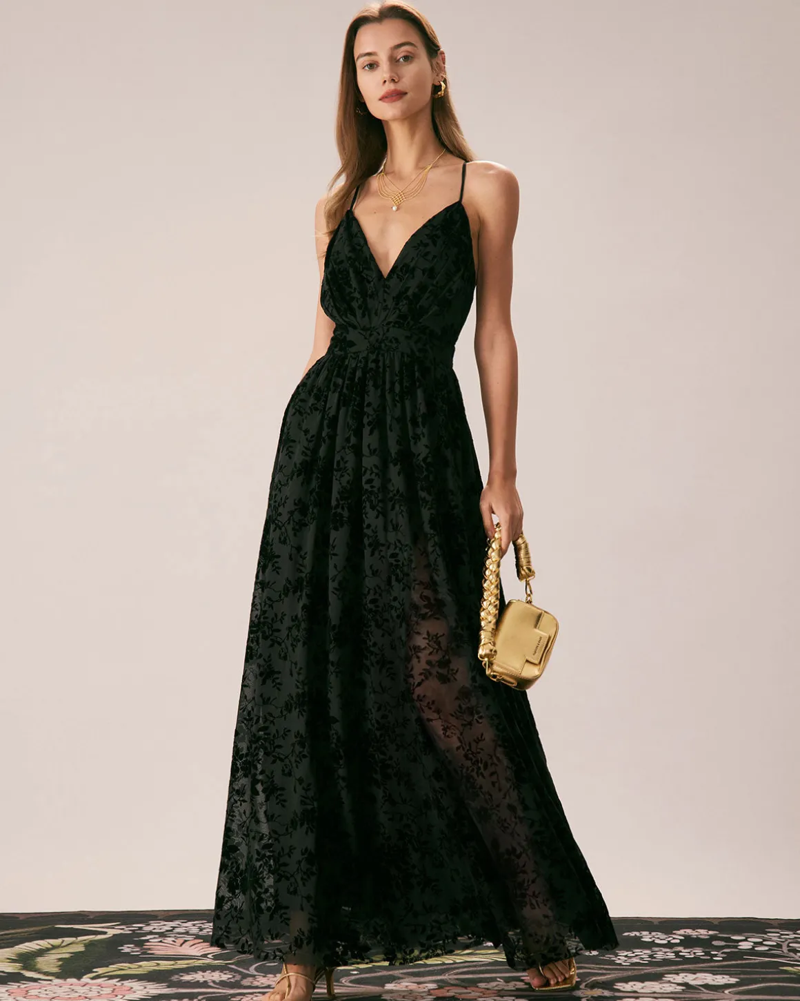 The Black Floral Flocked Mesh Slit Maxi Dress