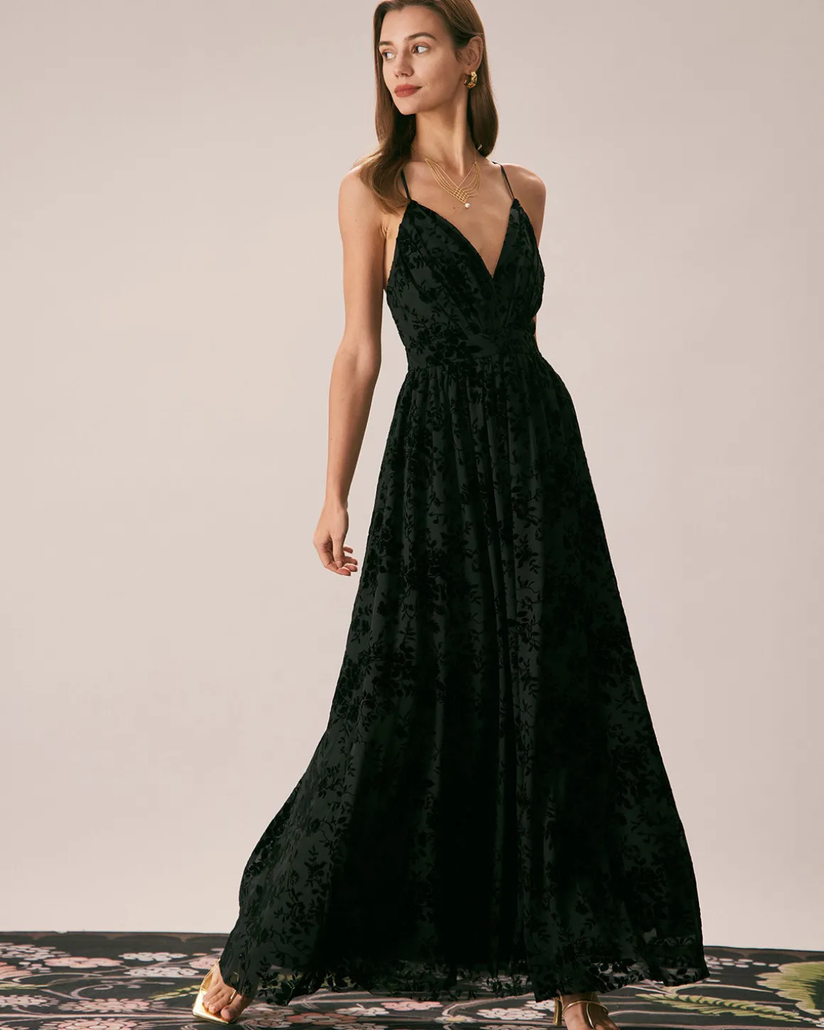 The Black Floral Flocked Mesh Slit Maxi Dress