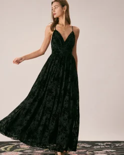 The Black Floral Flocked Mesh Slit Maxi Dress