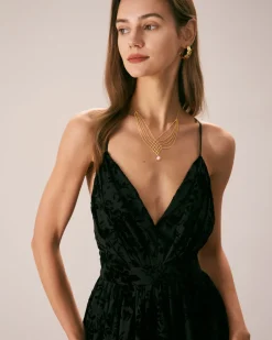 The Black Floral Flocked Mesh Slit Maxi Dress