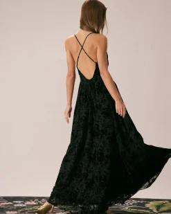 The Black Floral Flocked Mesh Slit Maxi Dress