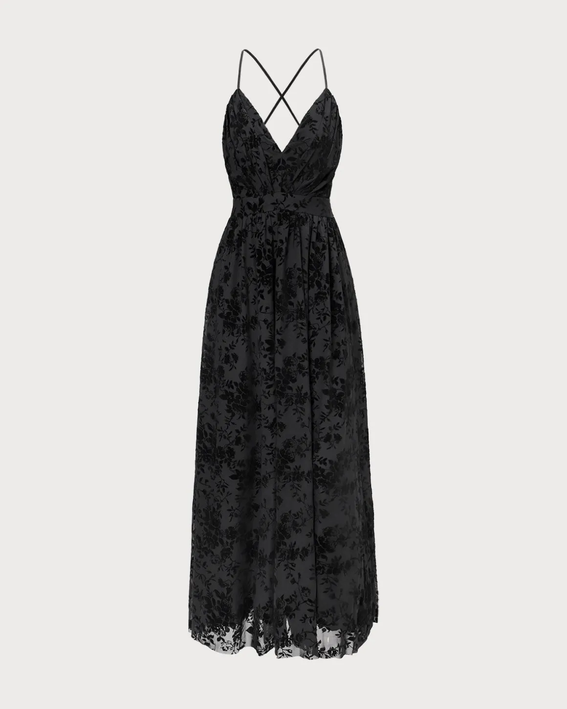 The Black Floral Flocked Mesh Slit Maxi Dress