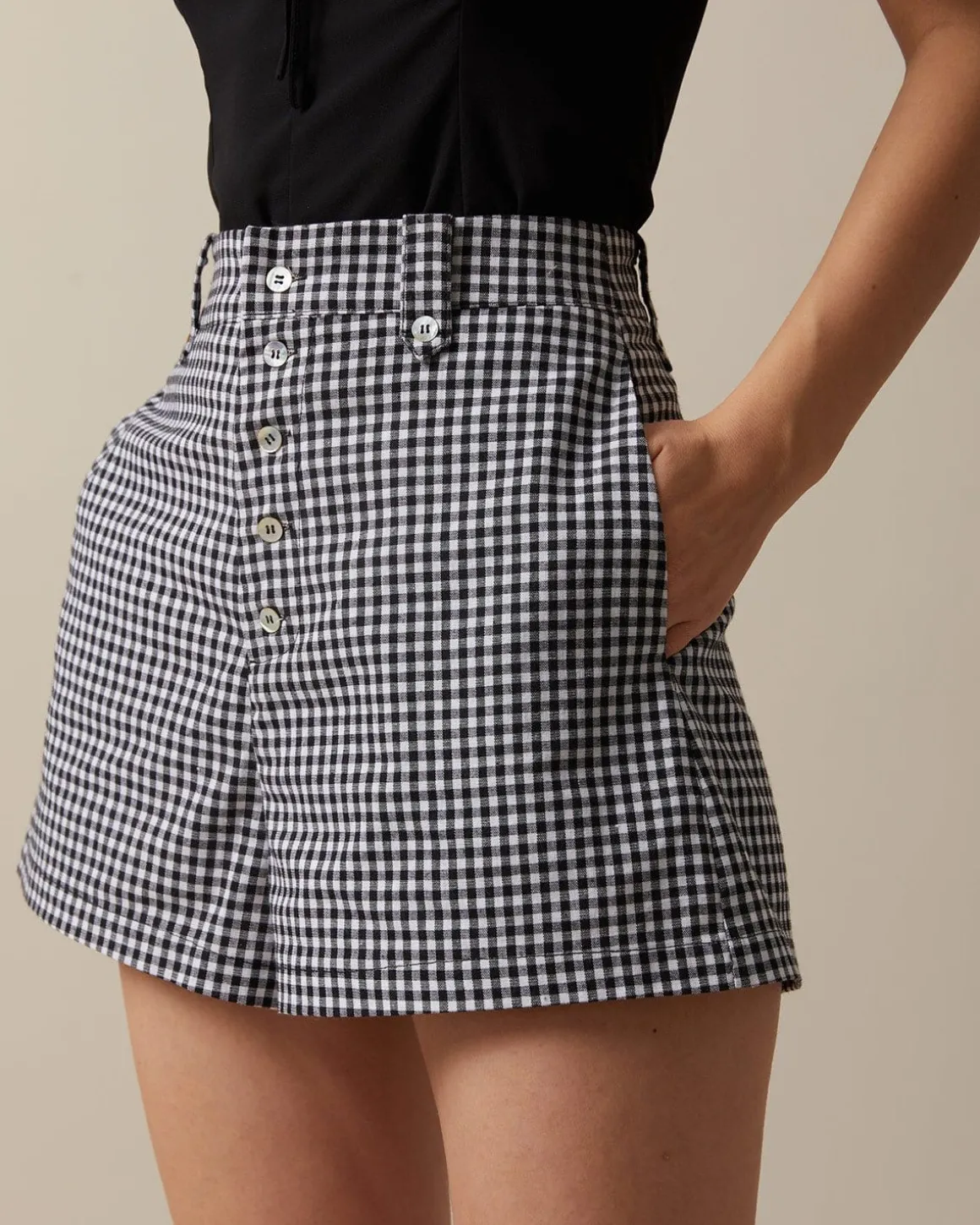 The Black High Waisted Button Up Plaid Shorts