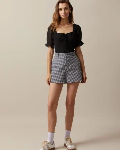 The Black High Waisted Button Up Plaid Shorts