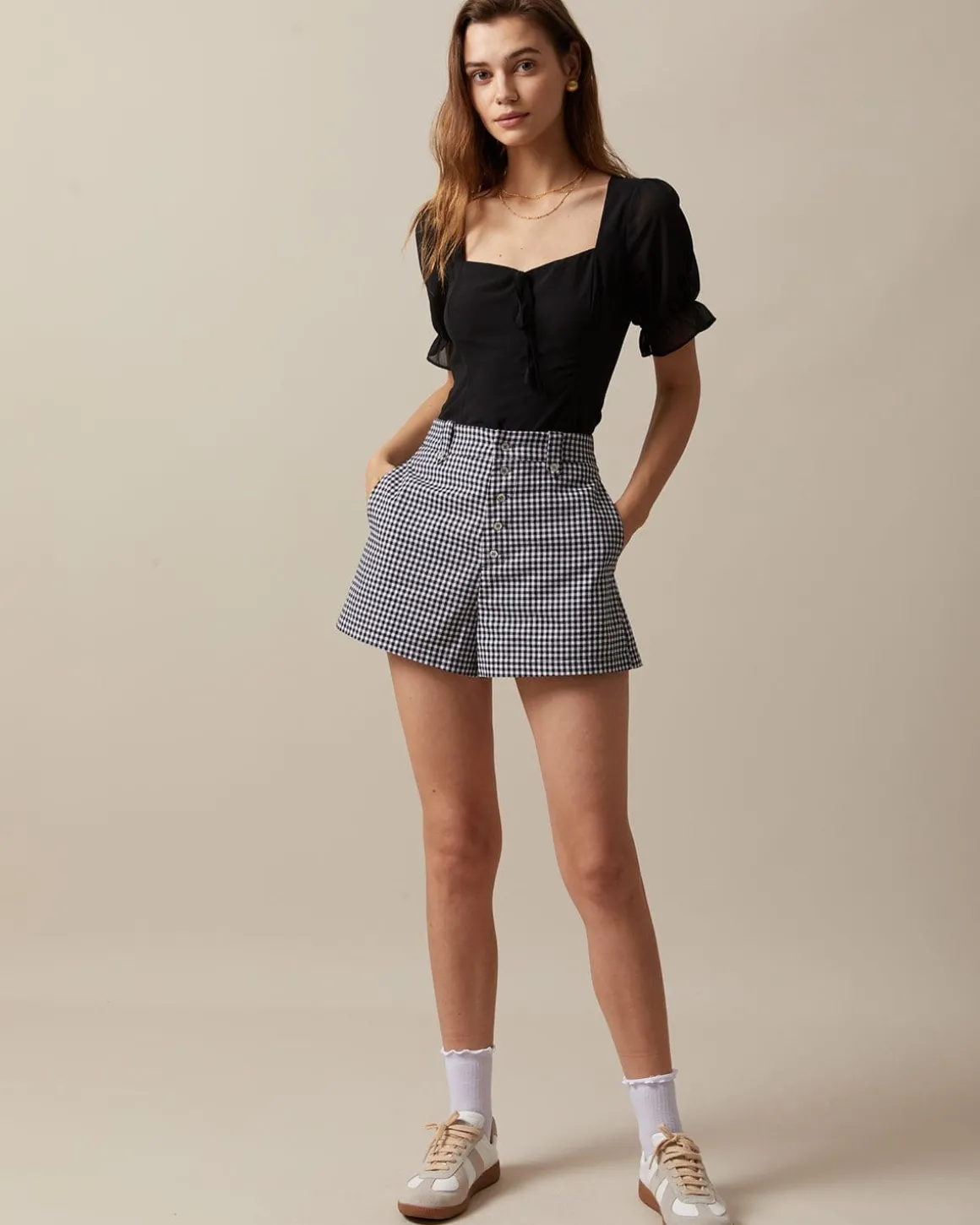 The Black High Waisted Button Up Plaid Shorts