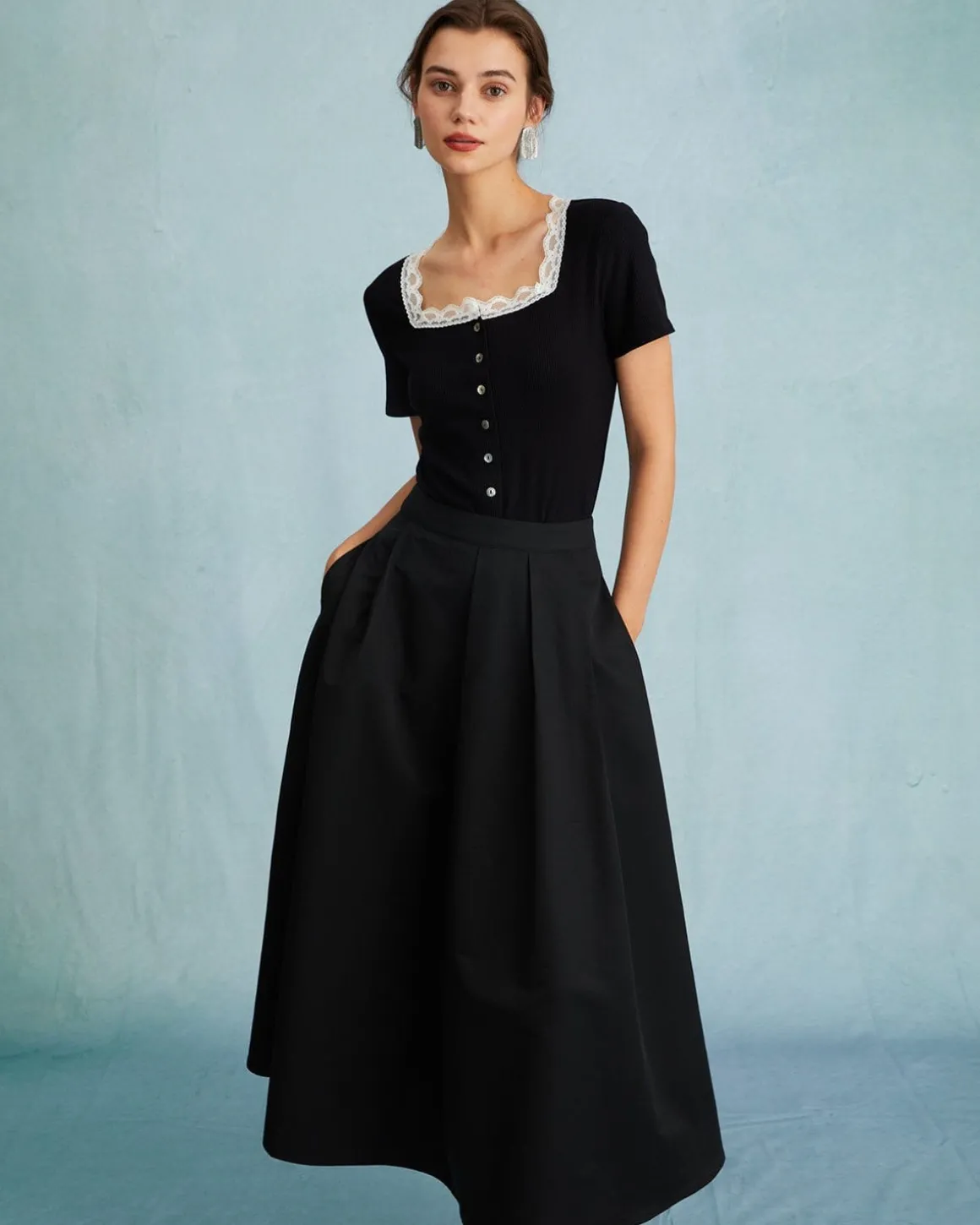 The Black High Waisted Pleated Midi Skirt