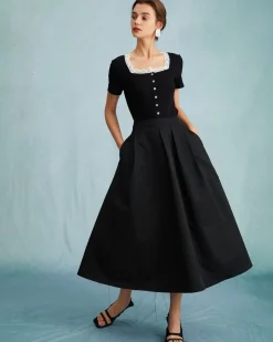 The Black High Waisted Pleated Midi Skirt