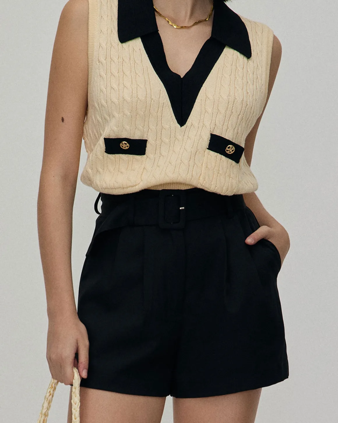 The Black High-waisted Pleated Belted Shorts