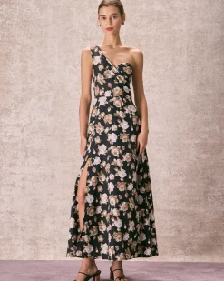 The Black One Shoulder Floral Maxi Dress