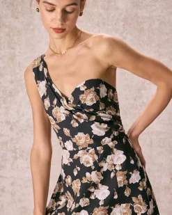 The Black One Shoulder Floral Maxi Dress