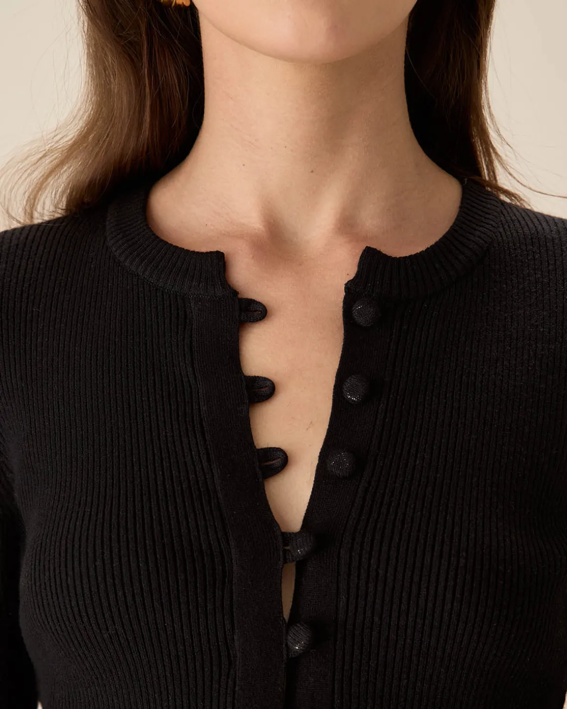 The Black Round Neck Button Up Knit Top