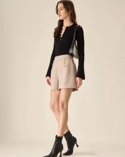 The Black Round Neck Button Up Knit Top