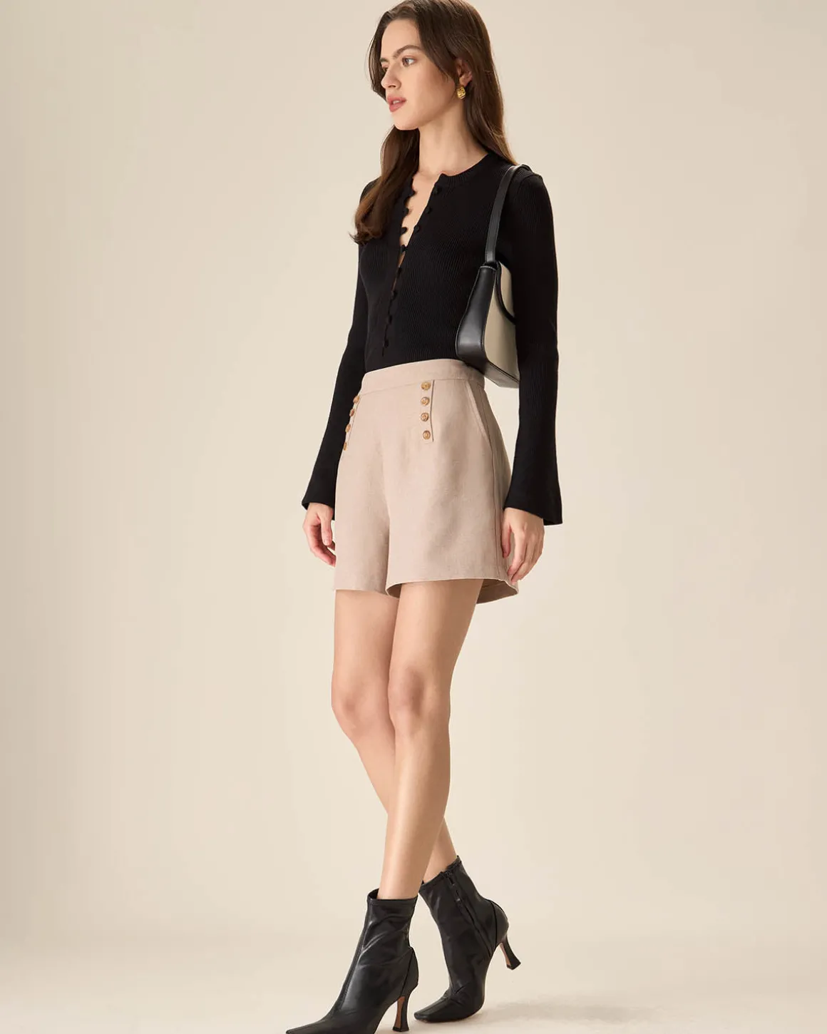 The Black Round Neck Button Up Knit Top