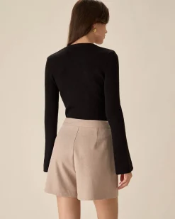 The Black Round Neck Button Up Knit Top