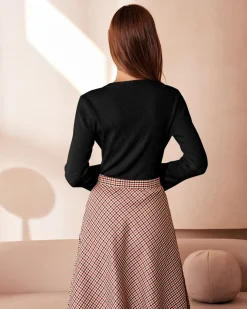 The Black Round Neck Button Up Knit Top