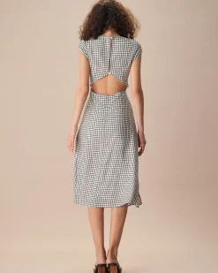 The Black Round Neck Cap Sleeve Plaid Midi Dress
