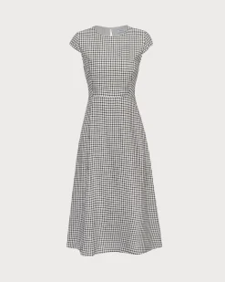 The Black Round Neck Cap Sleeve Plaid Midi Dress