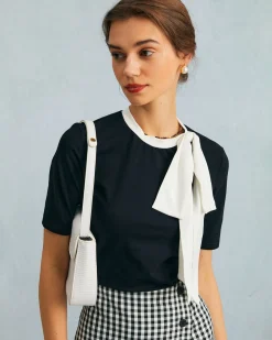 The Black Round Neck Colorblock Bowknot Top