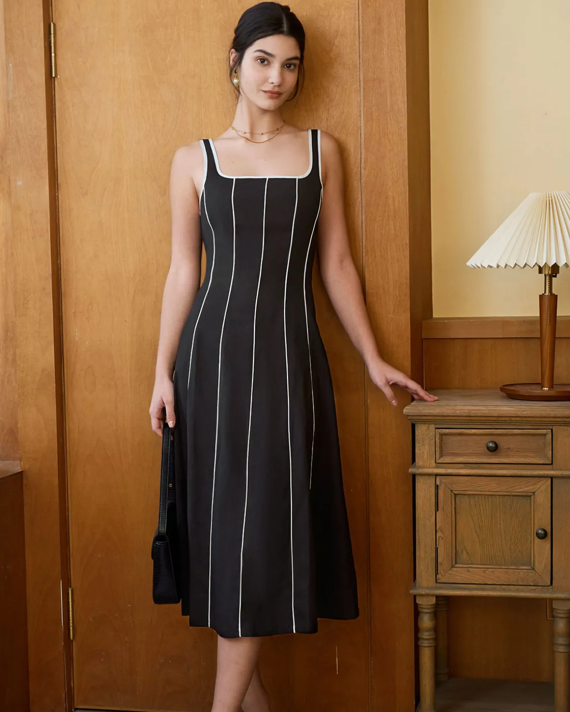 The Black Square Neck Contrast Midi Dress