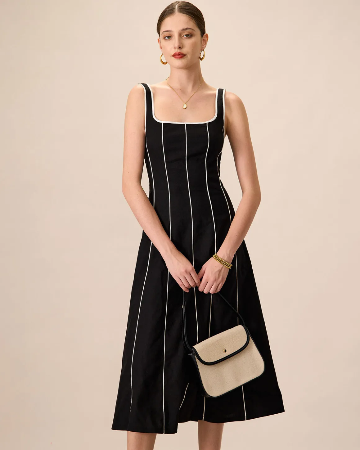 The Black Square Neck Contrast Midi Dress