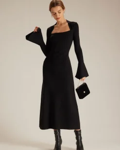 The Black Square Neck Flare Sleeve Midi Dress
