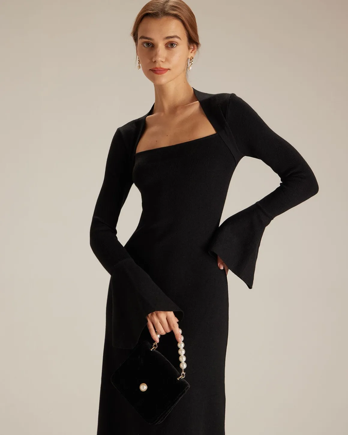 The Black Square Neck Flare Sleeve Midi Dress