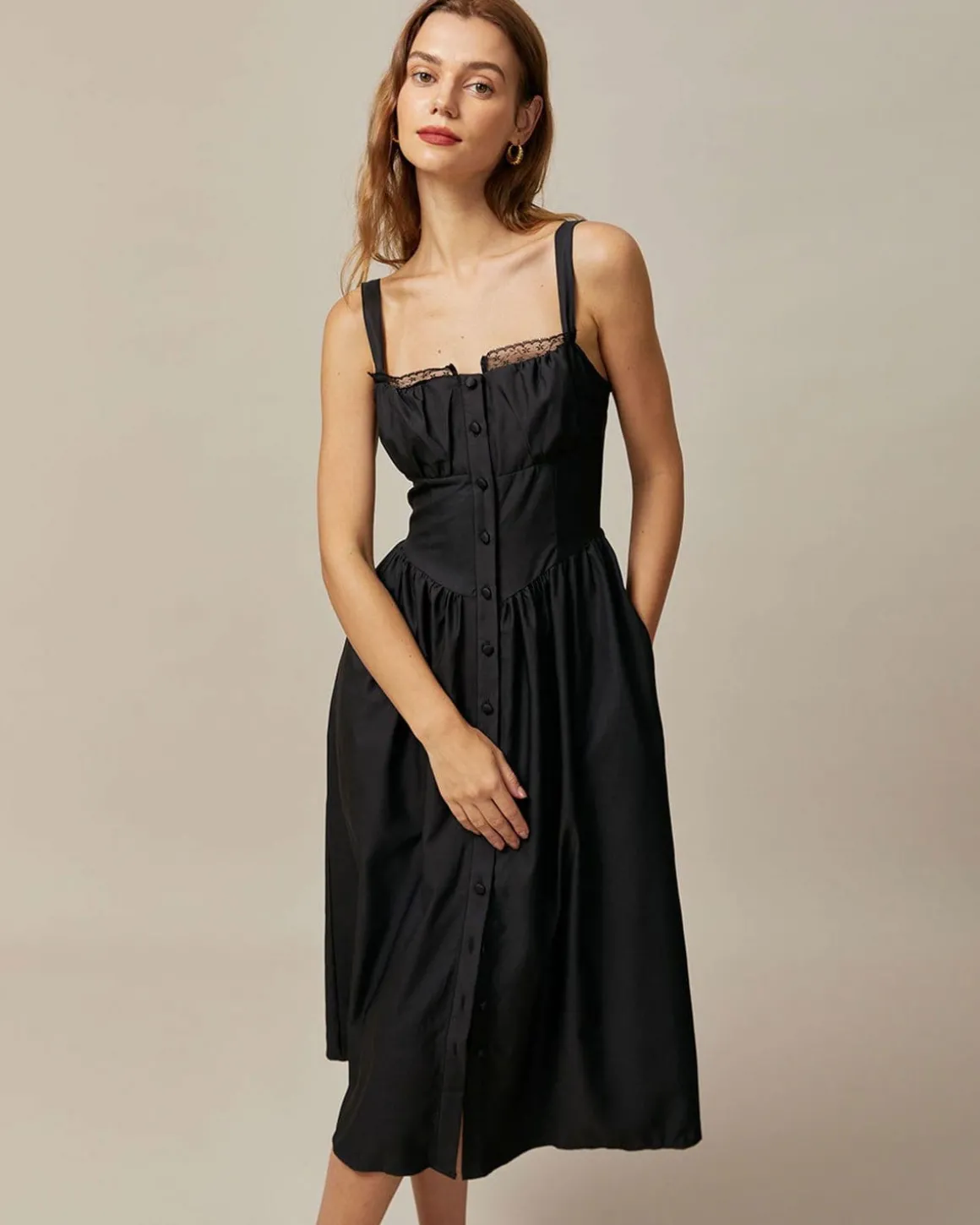 The Black Square Neck Lace Cami Midi Dress