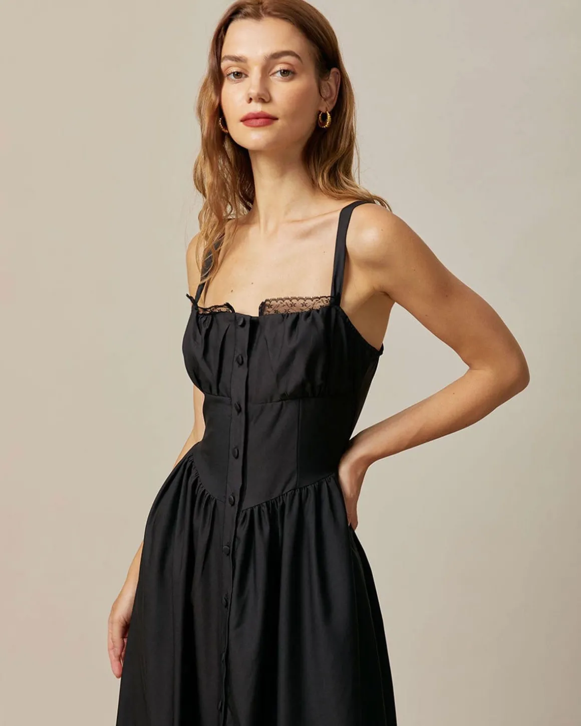 The Black Square Neck Lace Cami Midi Dress