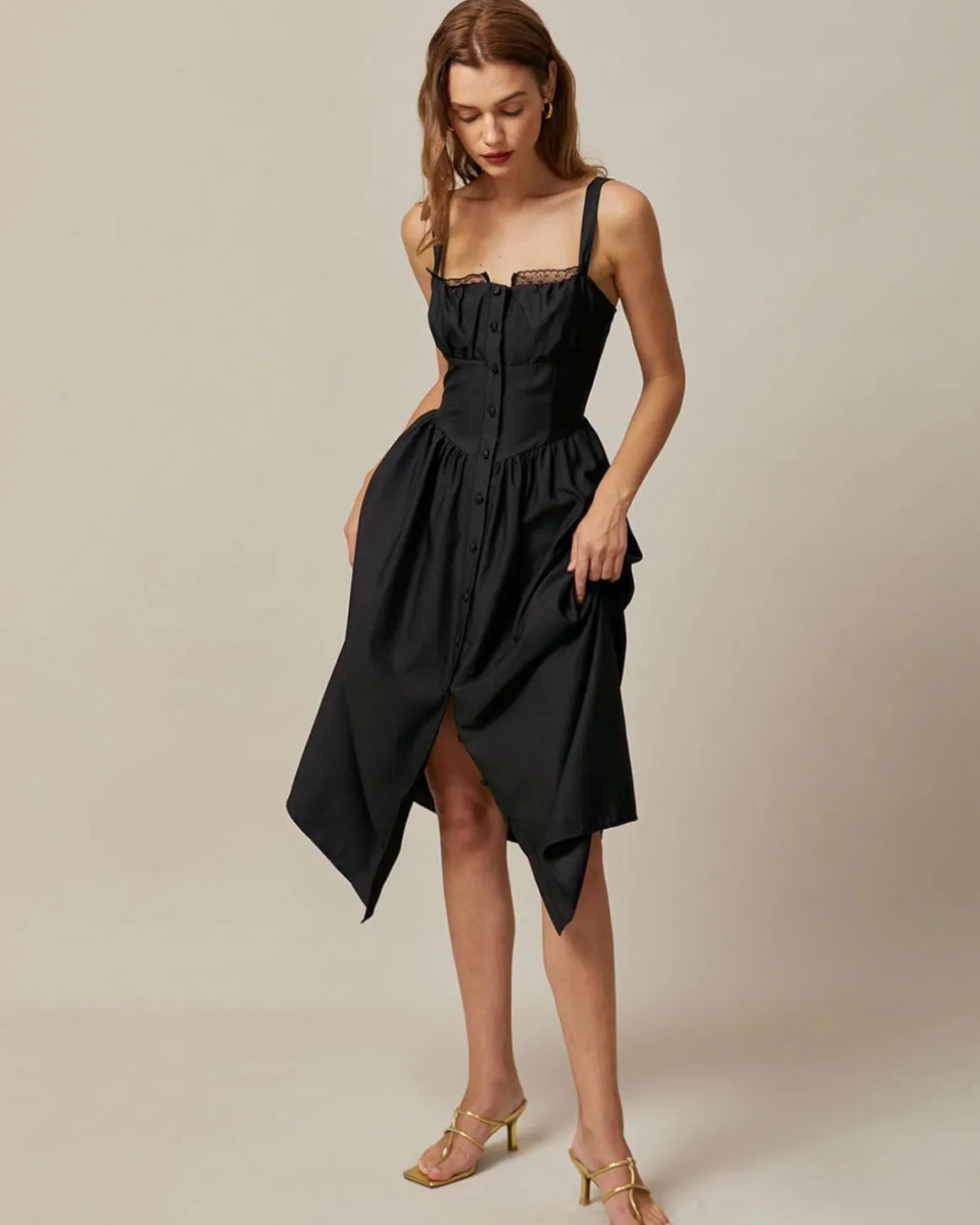 The Black Square Neck Lace Cami Midi Dress