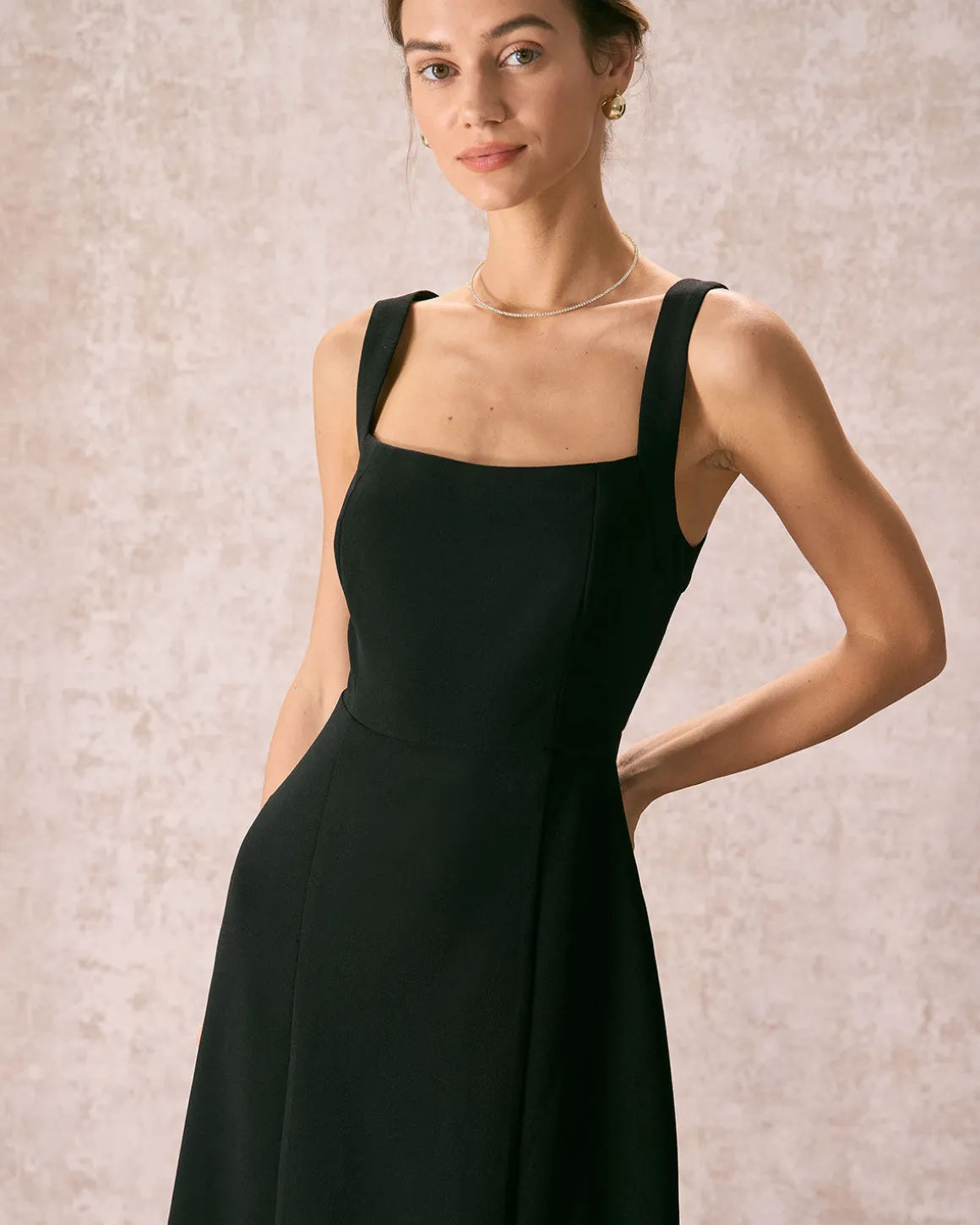 The Black Square Neck Sheath Midi Dress