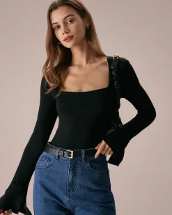 The Black Square Neck Slit Flare Sleeve Tee