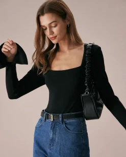 The Black Square Neck Slit Flare Sleeve Tee