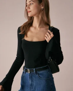 The Black Square Neck Slit Flare Sleeve Tee