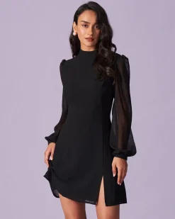 The Black Stand Collar Sheer Slit Mini Dress