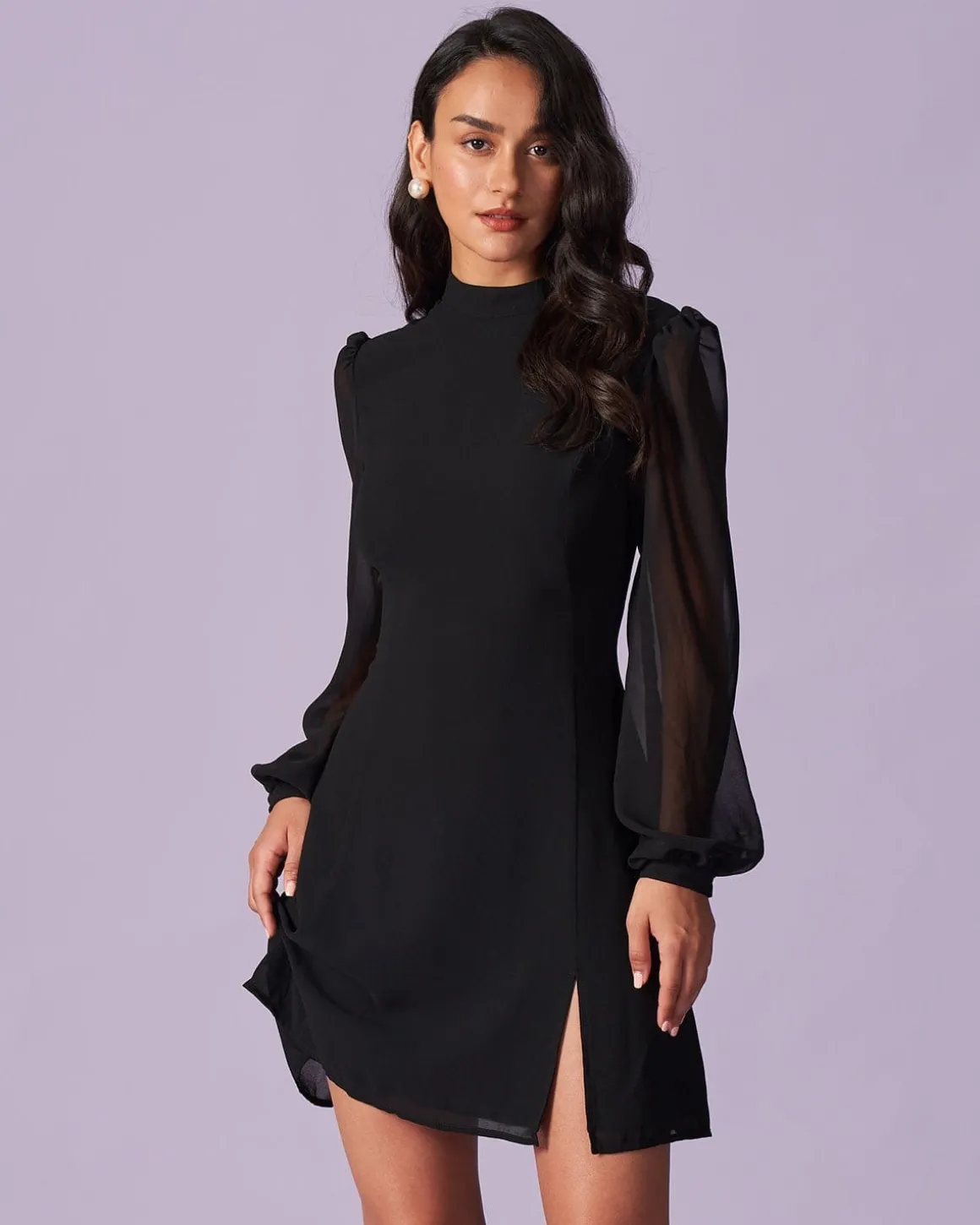 The Black Stand Collar Sheer Slit Mini Dress