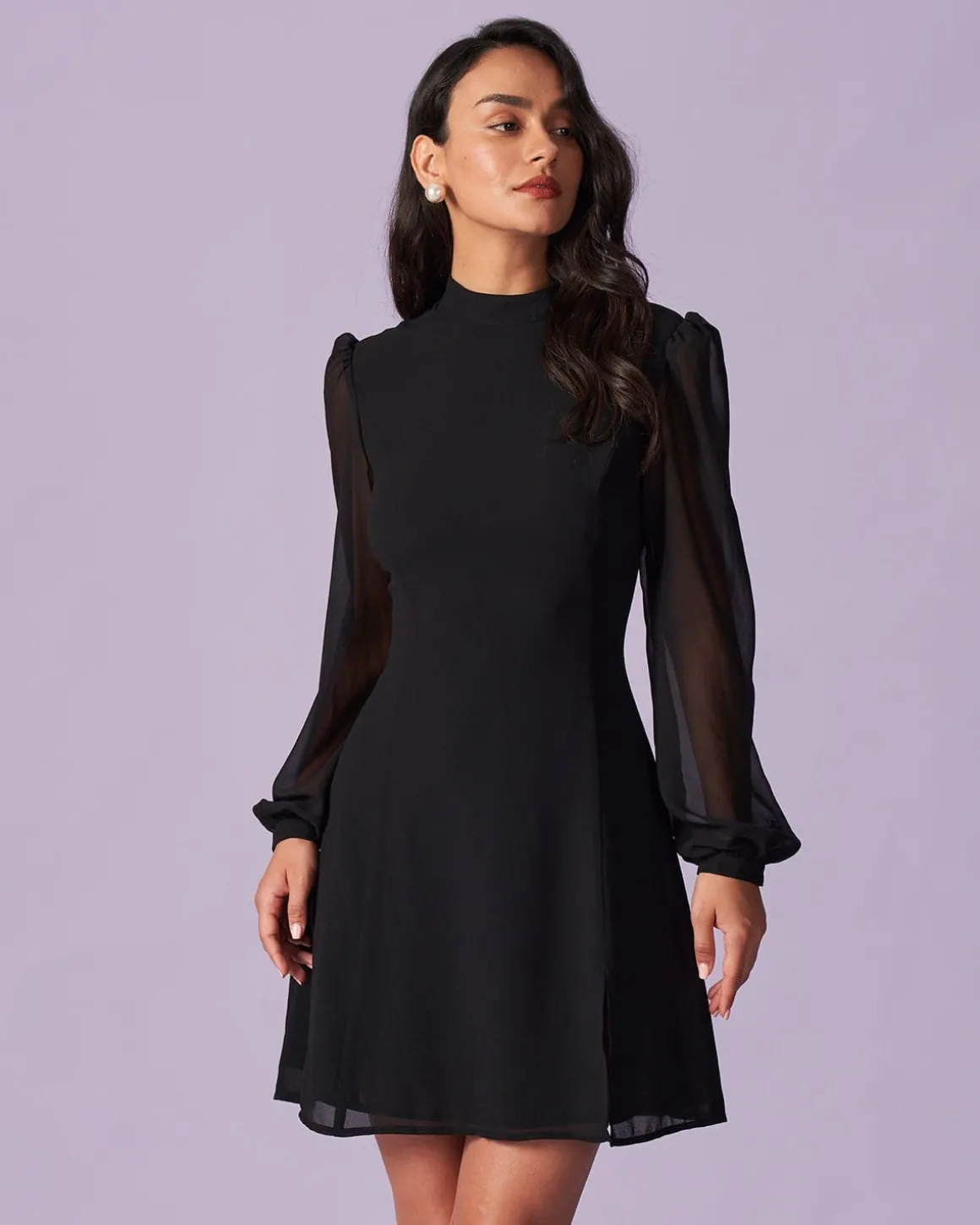 The Black Stand Collar Sheer Slit Mini Dress