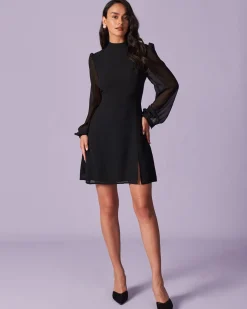 The Black Stand Collar Sheer Slit Mini Dress