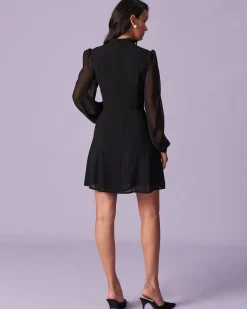 The Black Stand Collar Sheer Slit Mini Dress