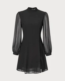 The Black Stand Collar Sheer Slit Mini Dress
